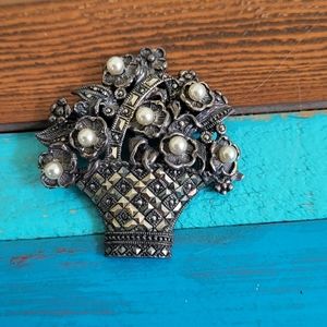 Vintage Sterling Silver Basket Brooch Pin Marcasite A925